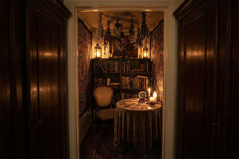 A candlelit tarot setting in a hidden room